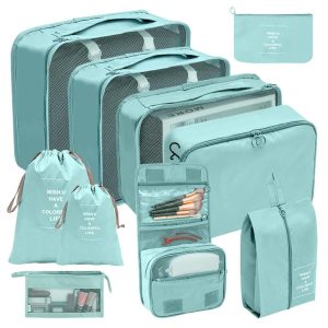 organisateurs de valise set de pochettes turquoise